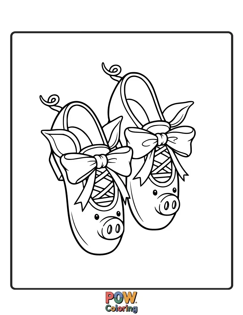Free coloring page of A pig puts on sparkly dancing shoes, ready to twirl and leap with joy.