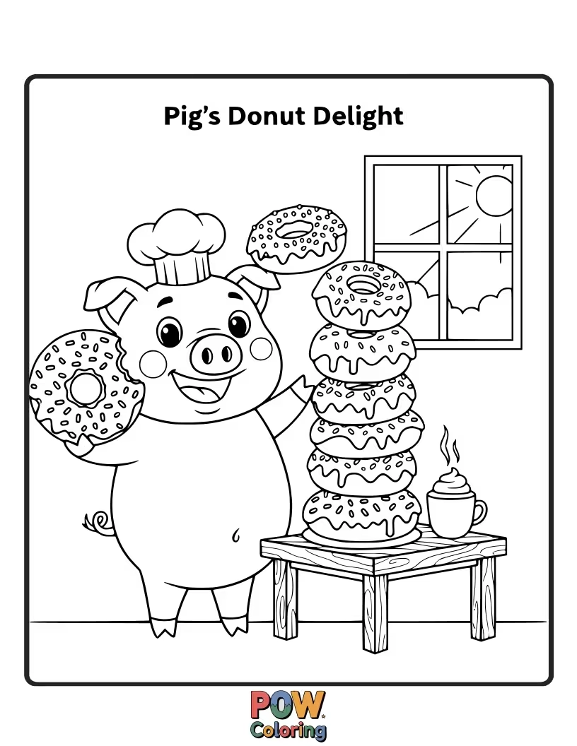Free coloring page of A pig happily munches on a giant, frosted donut with colorful sprinkles.