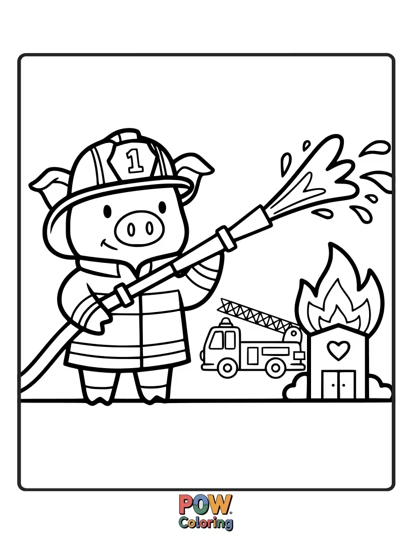 Free coloring page of A brave pig in a firefighter hat and uniform puts out a small, playful fire.