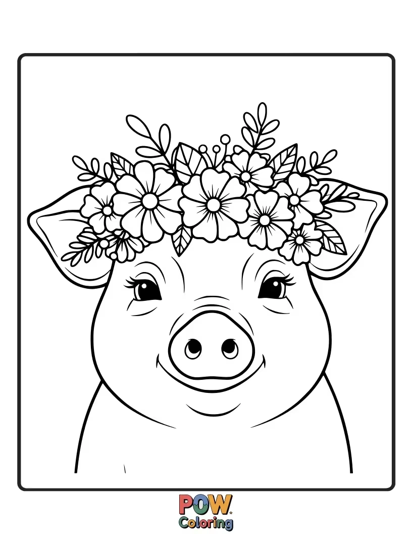 Free coloring page of A sweet pig wears a beautiful crown made of colorful wildflowers, looking radiant.