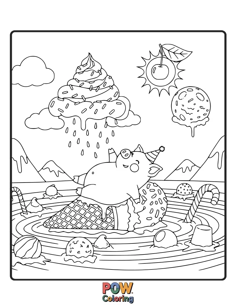 Free coloring page of A happy pig devours a giant ice cream cone, drips of sweetness all around.