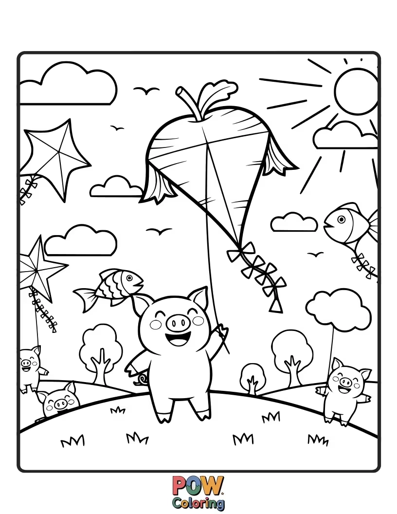 Free coloring page of Several pigs flying different shaped and colored kites in a clear sky.