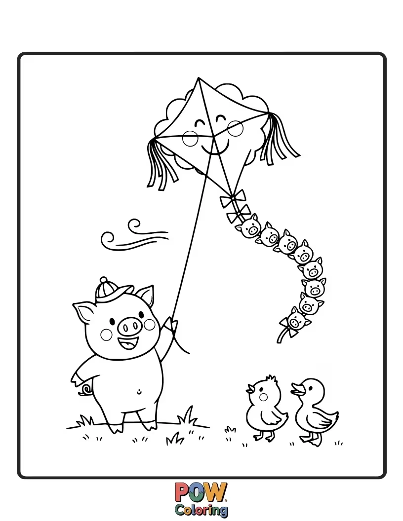 Free coloring page of A joyful pig runs through a grassy field, flying a brightly colored kite high.