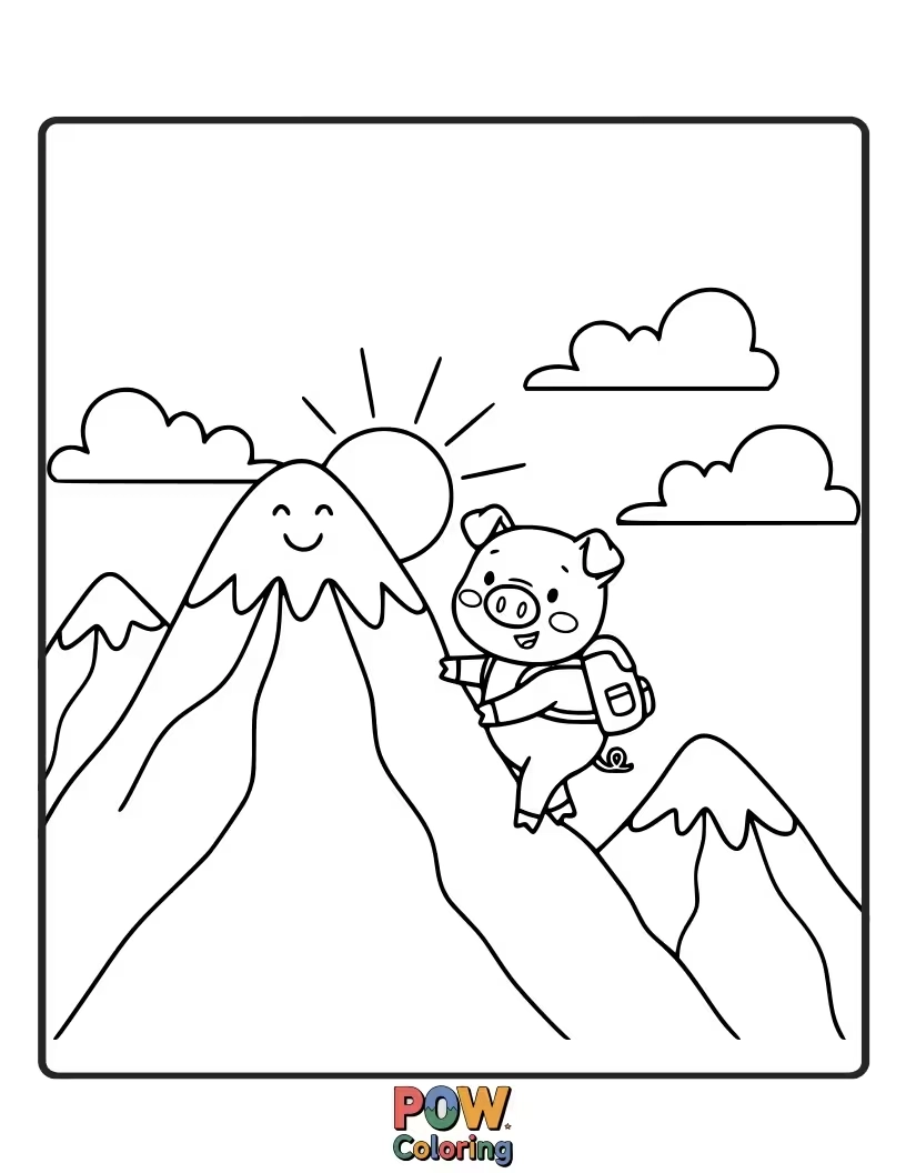 Free coloring page of A brave pig scales a small, friendly mountain peak, reaching for the sky.