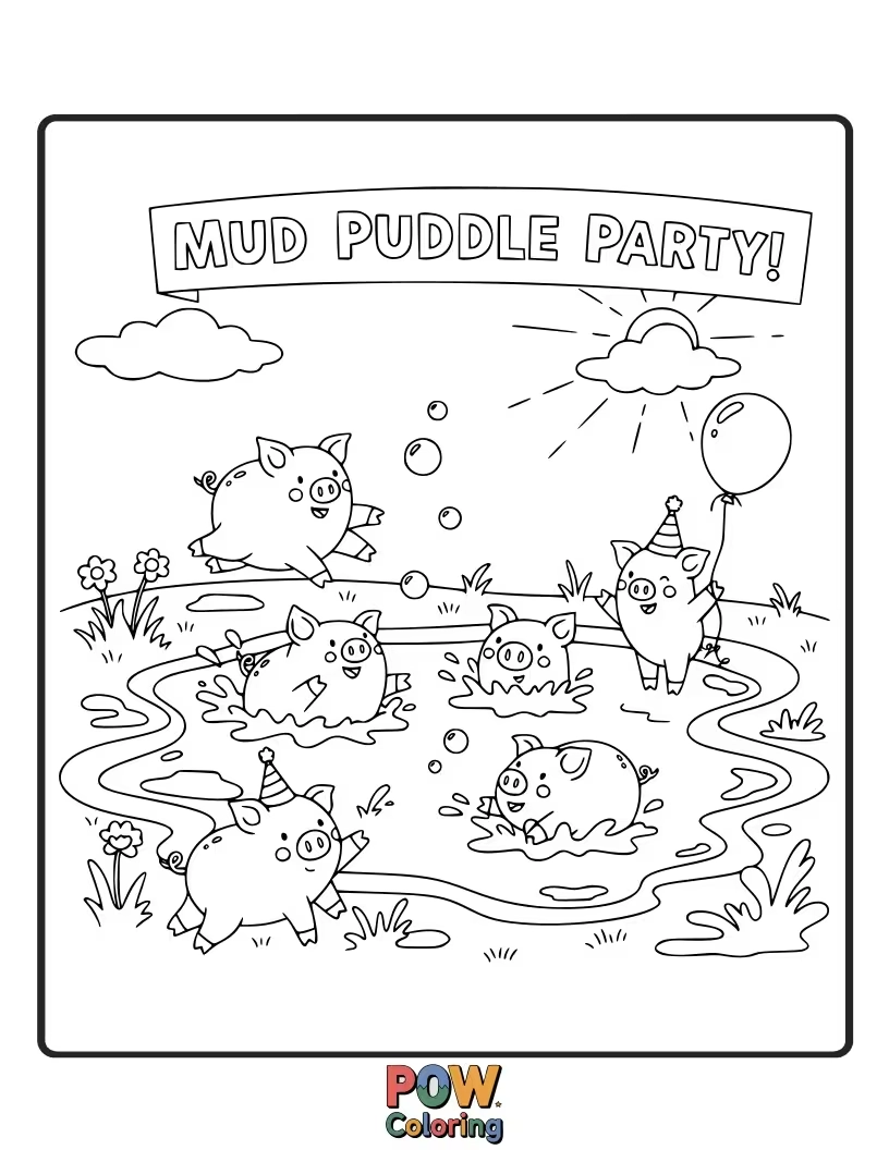 Free coloring page of Happy pigs are joyfully splashing and playing in a big, muddy puddle, covered in glee.