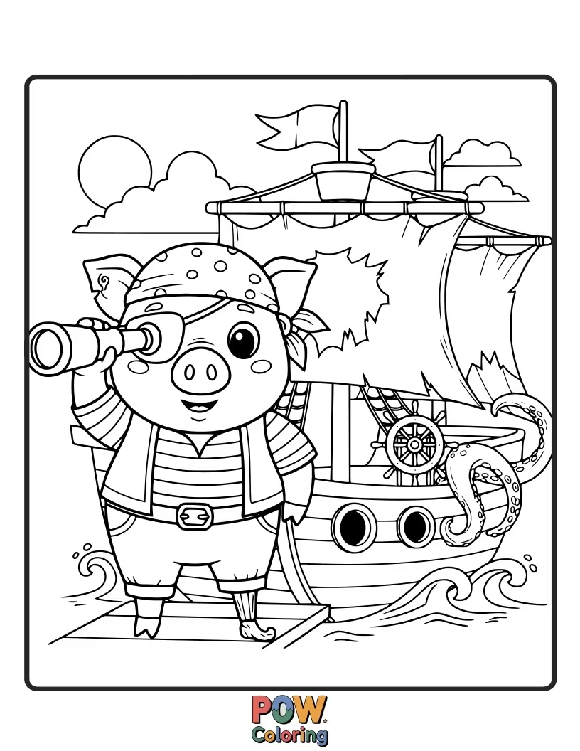 Free coloring page of A cheerful pig stands at the helm of a pirate ship, ready for adventure.