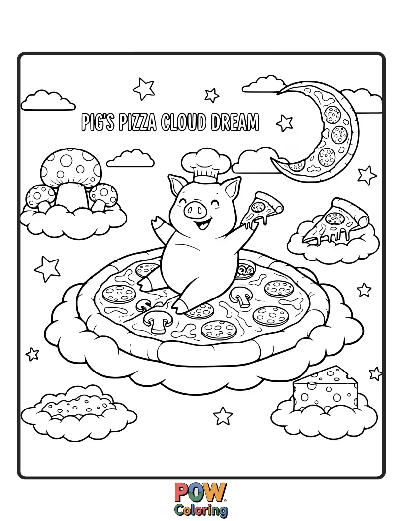 Free coloring page of A sleeping pig dreams of floating on a giant pizza cloud in a cheesy sky.
