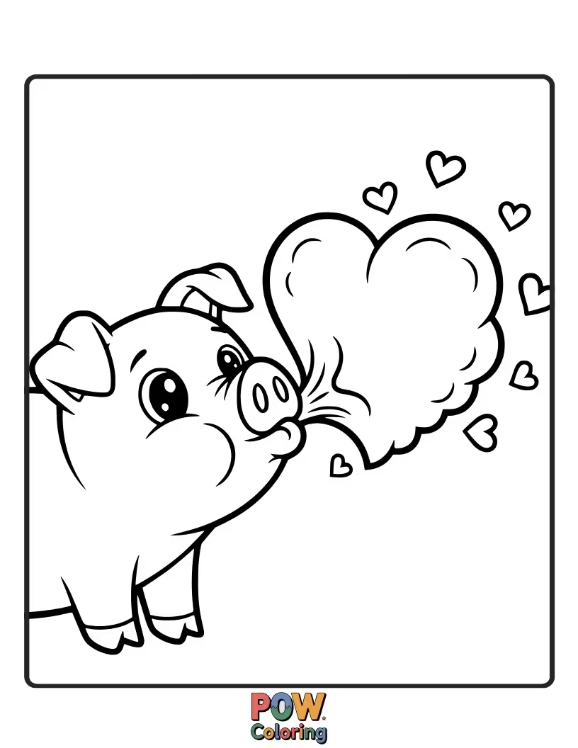 Free coloring page of A plump piglet blows a big, bubbly, heart-shaped kiss to its adorable Valentine, spreading joy and affection.