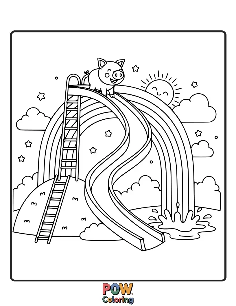 Free coloring page of A giggling pig slides down a huge, colorful rainbow, landing with a happy splat.
