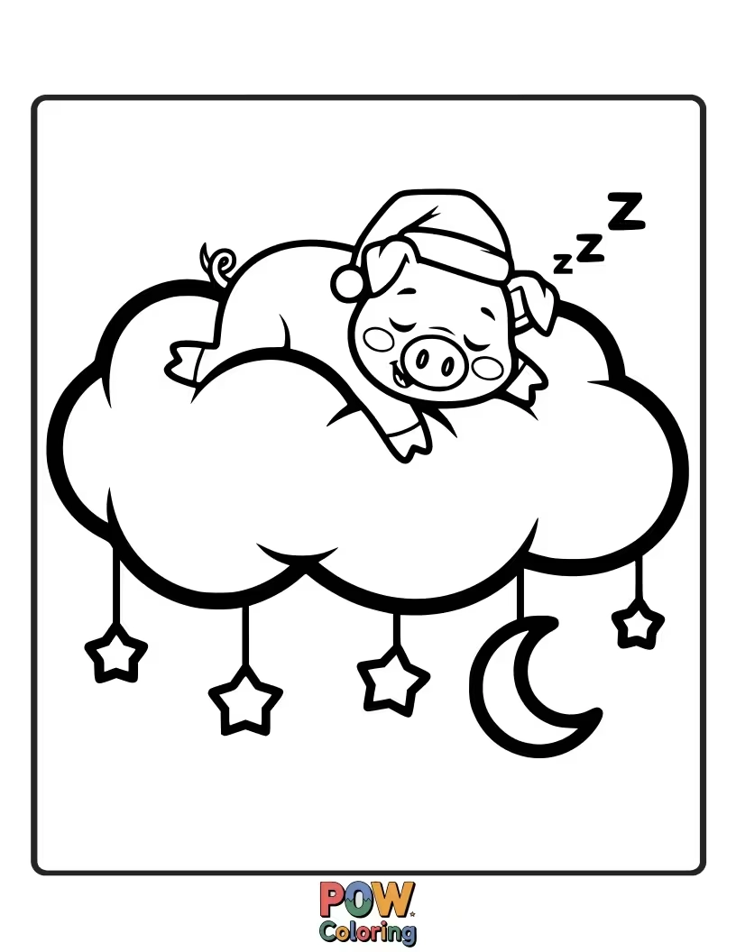Free coloring page of A content pig snuggled on a soft cloud, drifting off to sleep with a gentle smile.