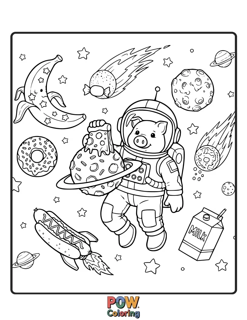 Free coloring page of A pig in a spaceship enjoys a futuristic, colorful meal floating in zero gravity.