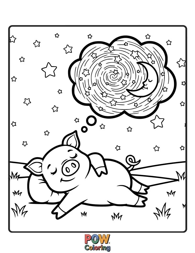 Free coloring page of A sleepy pig dreams of constellations and friendly stars in a peaceful night sky.