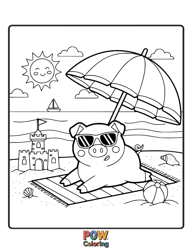 Free coloring page of A happy pig relaxes on the beach, wearing sunglasses and a straw hat.
