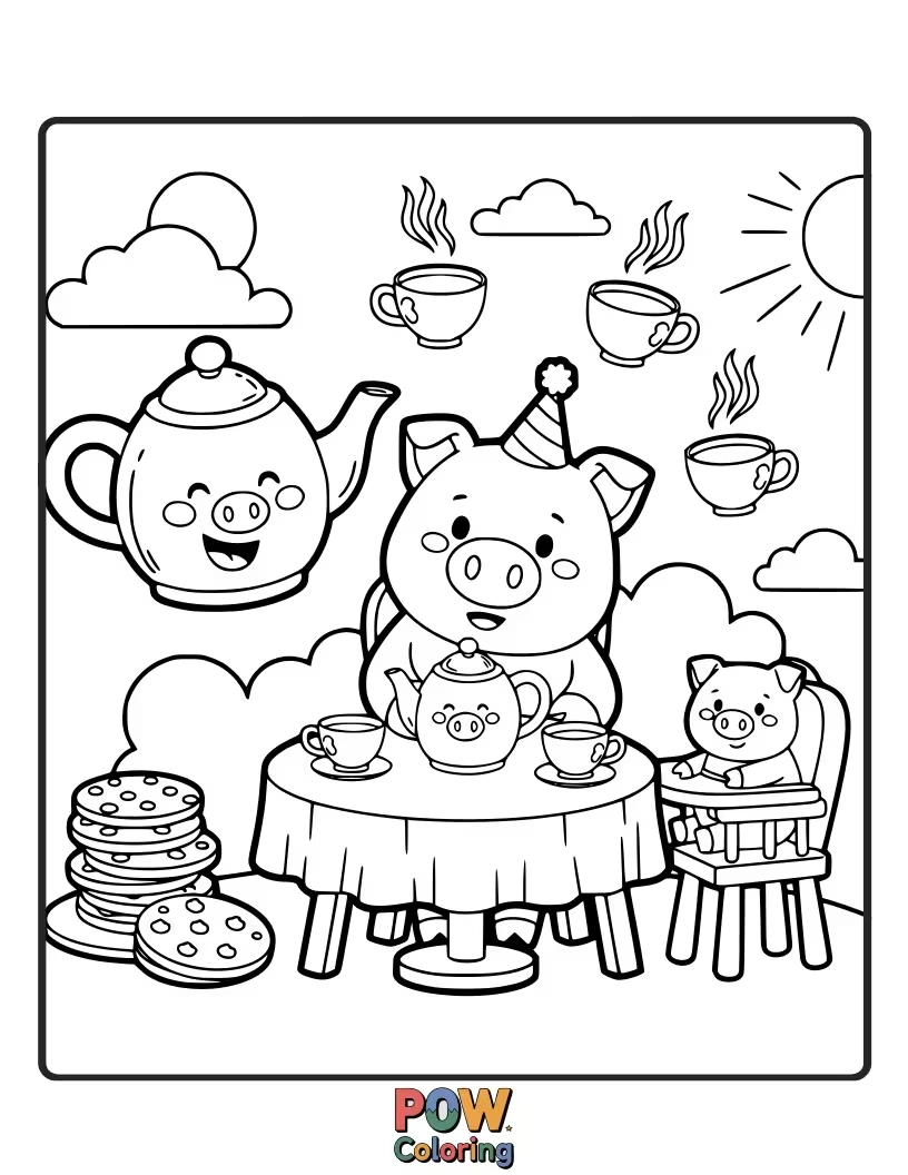 Free coloring page of A proper pig hosts an elegant tea party, pouring tea from a dainty teapot.