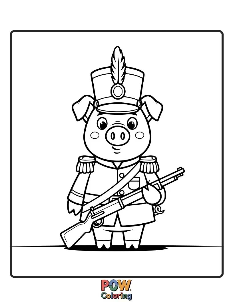 Free coloring page of A determined pig stands at attention, dressed as a proud toy soldier.
