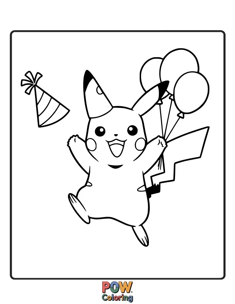 Free coloring page of Pikachu with confetti and streamers, celebrating a special occasion.