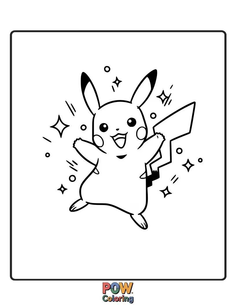 Free coloring page of Pikachu dancing with energetic, swirling sparkles around it.
