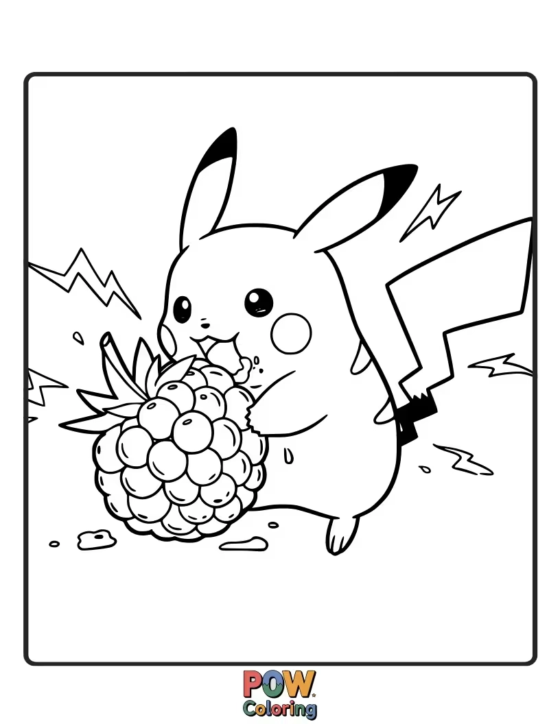 Free coloring page of Pikachu happily munching on a juicy red berry.