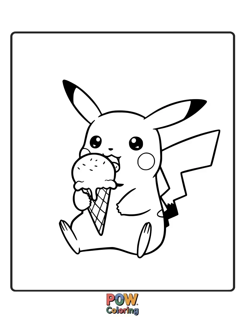 Free coloring page of Pikachu enjoying a delicious scoop of ice cream.