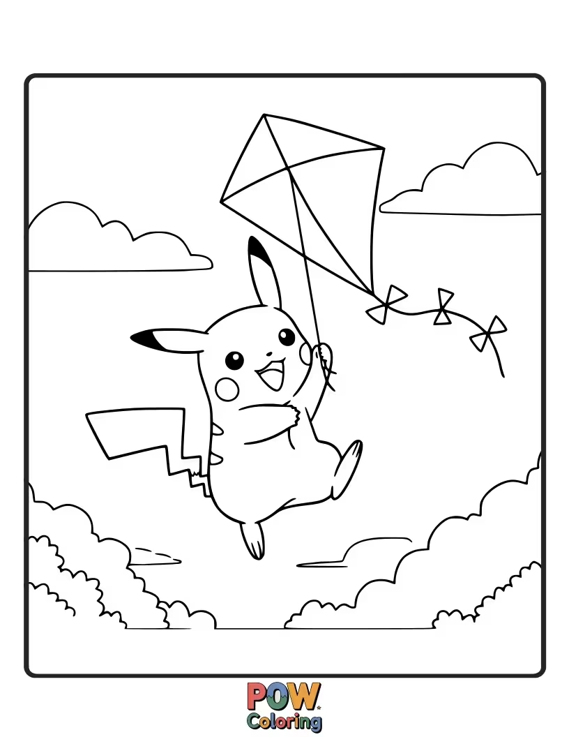 Free coloring page of Pikachu flying a colorful kite on a windy day.