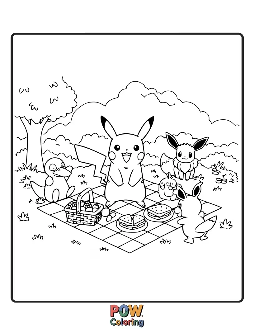 Free coloring page of Pikachu enjoying a delightful picnic with snacks and a checkered blanket.