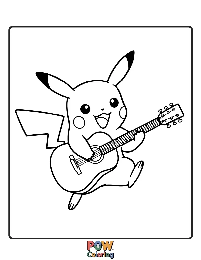 Free coloring page of Pikachu rocking out with a miniature guitar.