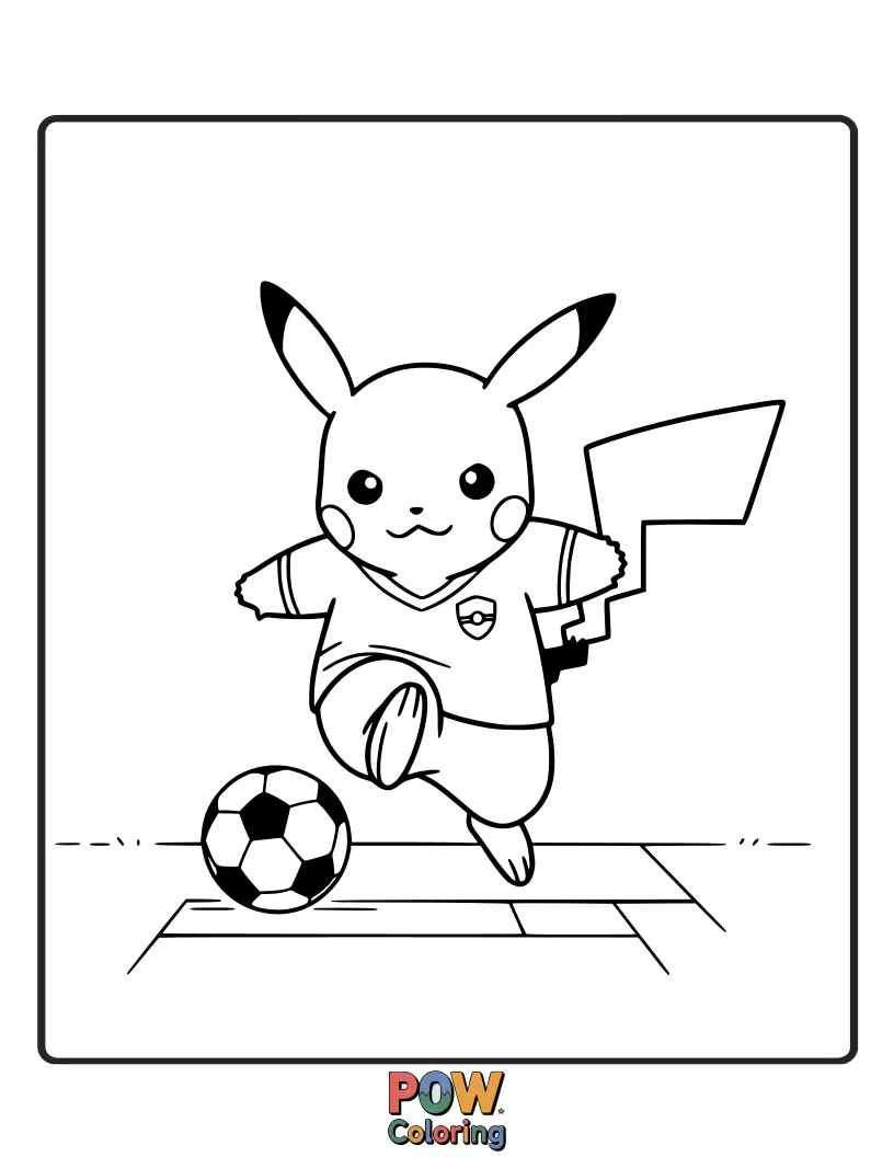 Free coloring page of Pikachu kicking a soccer ball with determination.