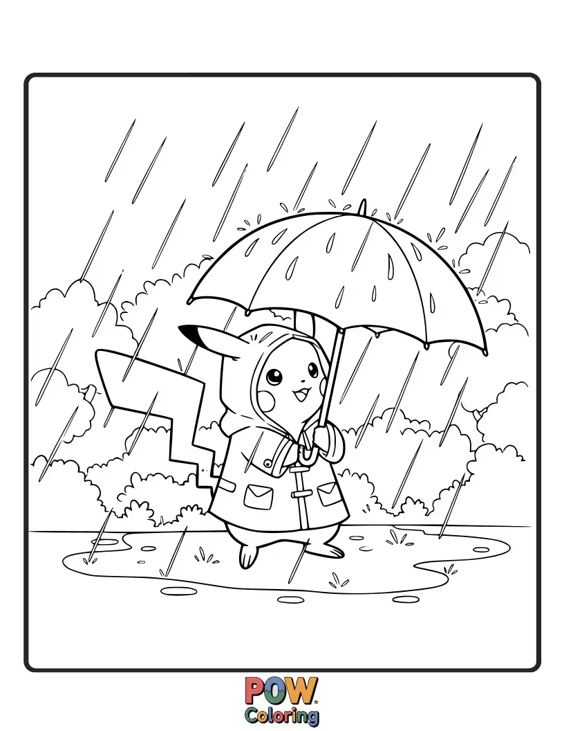 Free coloring page of Pikachu under a colorful umbrella, splashing in puddles.
