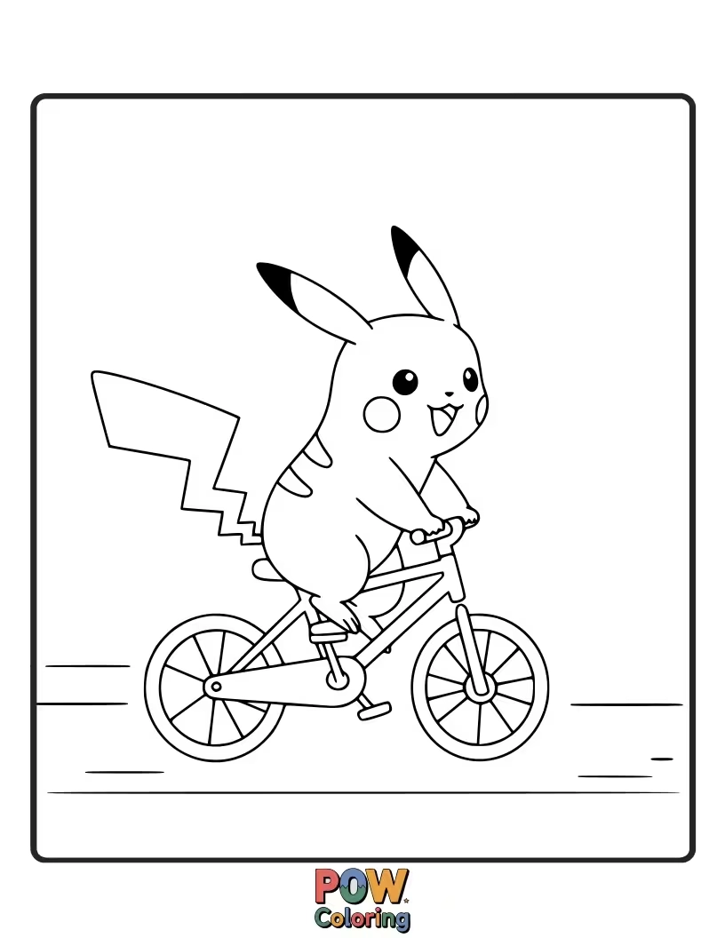 Free coloring page of Pikachu pedaling a small, cheerful bicycle.