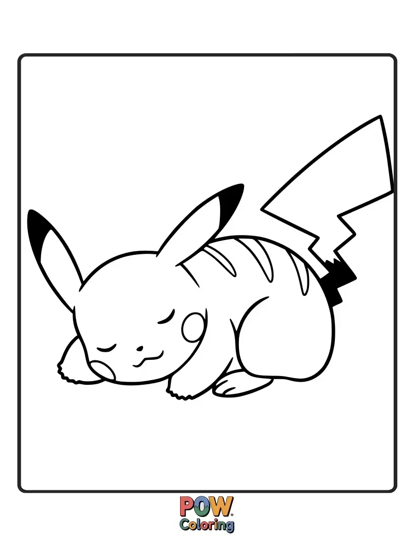 Free coloring page of A peaceful Pikachu curled up and fast asleep.