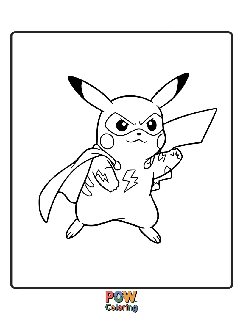 Free coloring page of Pikachu striking a heroic superhero pose.