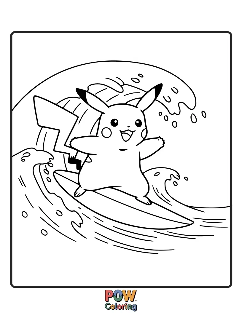 Free coloring page of Pikachu catching a thrilling wave on a surfboard.