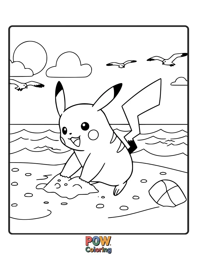 Free coloring page of Pikachu building a sandcastle on a sunny beach.