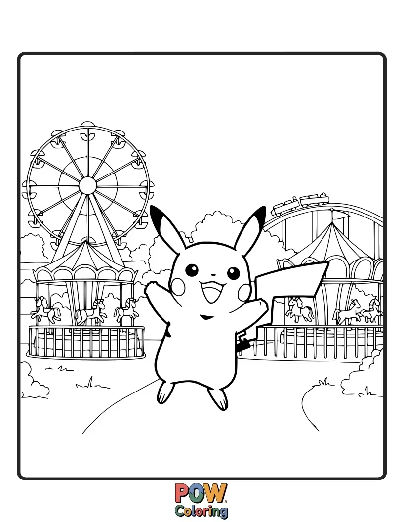 Free coloring page of Pikachu enjoying a ride at an amusement park.