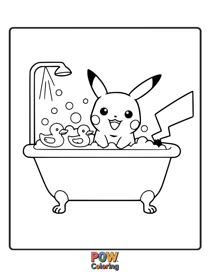 Free coloring page of Pikachu having a bubbly bath with rubber ducky.