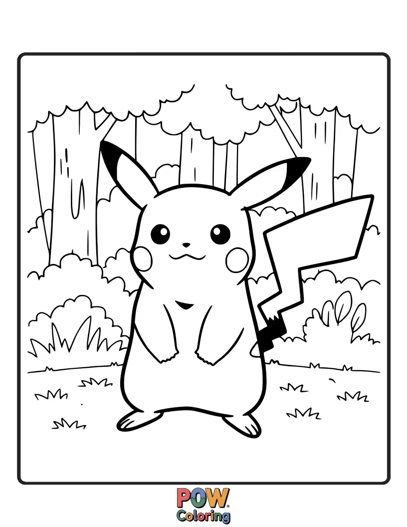 Free coloring page of Pikachu exploring a lush, green forest.