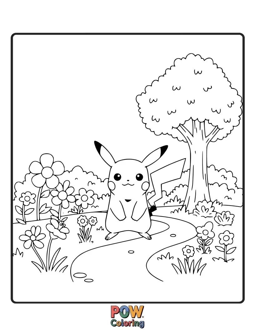 Free coloring page of Pikachu tending to a small garden with potted plants.