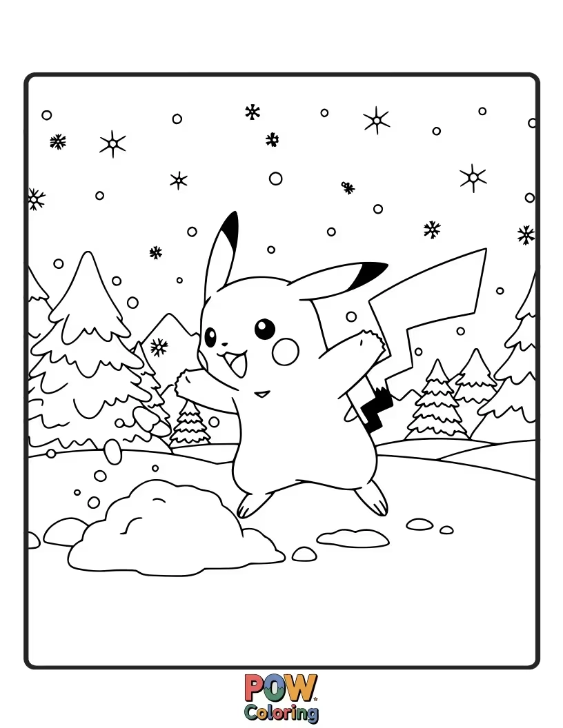 Free coloring page of Pikachu playing joyfully in the snow.