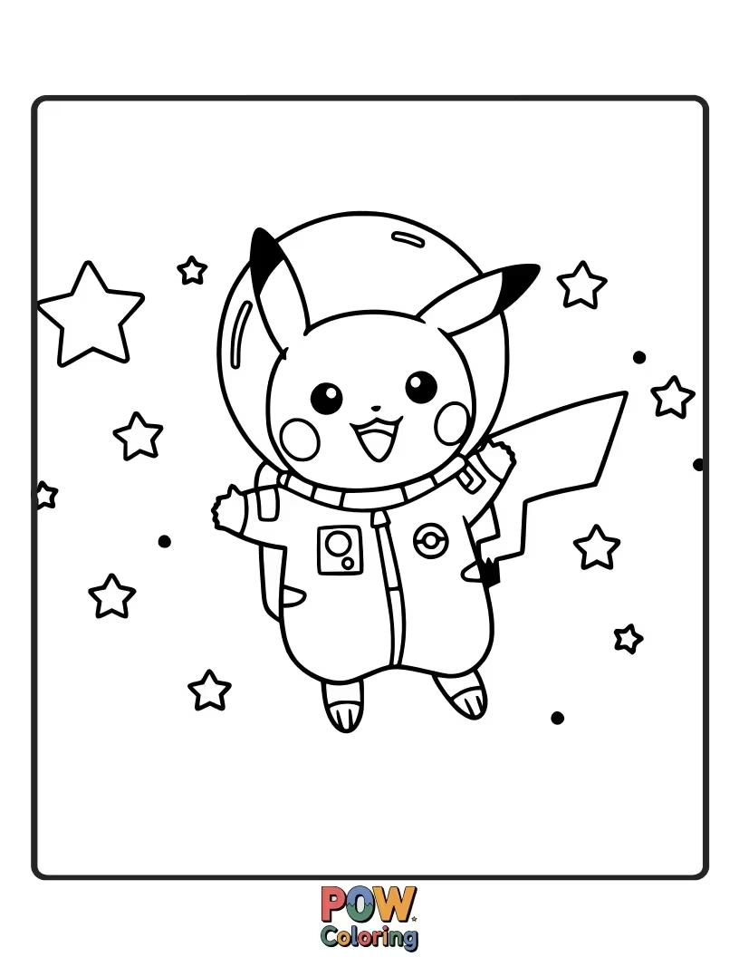 Free coloring page of Pikachu floating in outer space, with stars and planets.