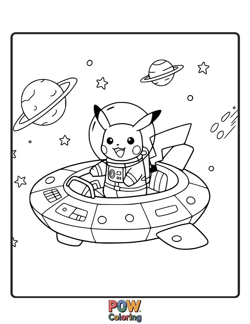 Free coloring page of Pikachu piloting a small, cute spaceship.