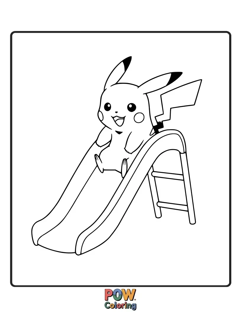 Free coloring page of Pikachu gleefully sliding down a playground slide.