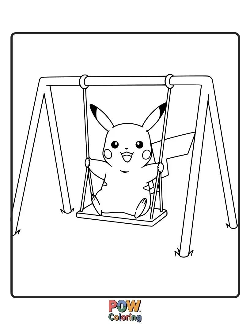 Free coloring page of Pikachu happily swinging back and forth on a tree swing.
