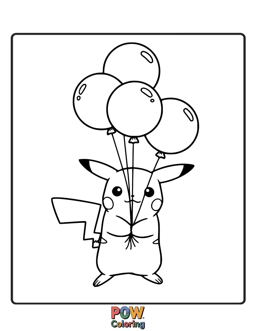 Free coloring page of Pikachu holding onto a bunch of bright, floating balloons.