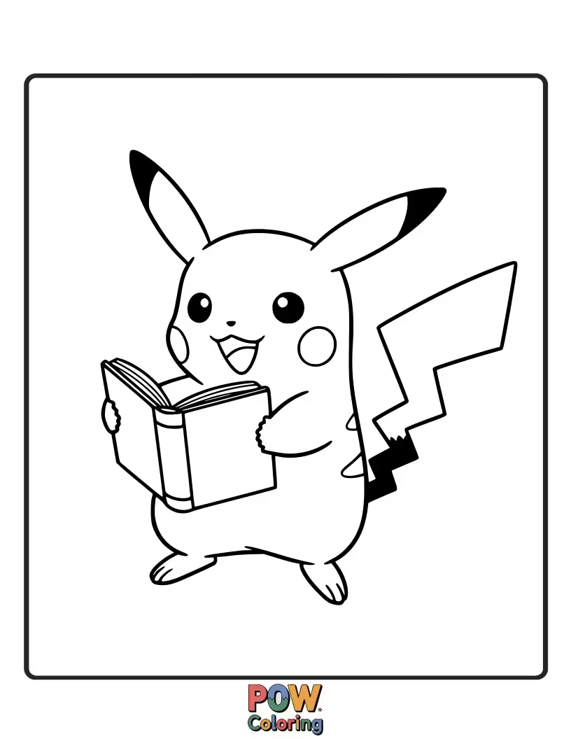 Free coloring page of Pikachu engrossed in reading a book.