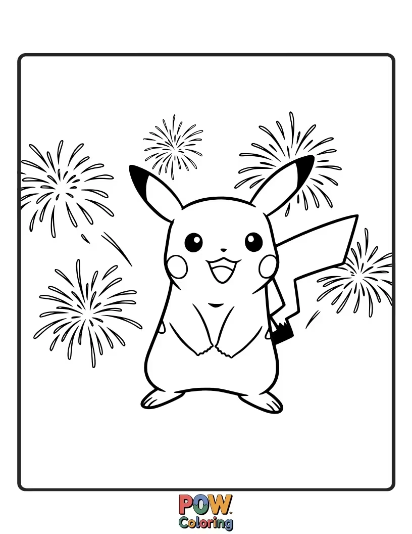 Free coloring page of Pikachu marveling at a vibrant fireworks display in the night sky.