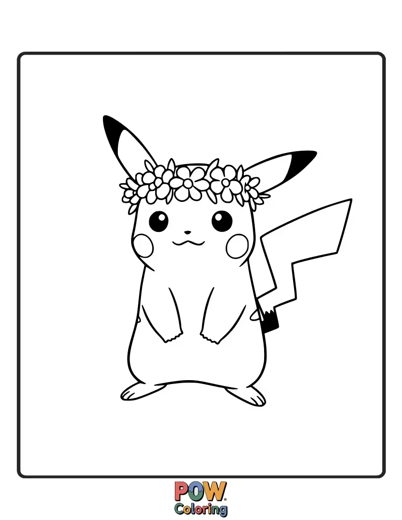 Free coloring page of Pikachu wearing a beautiful crown made of flowers.
