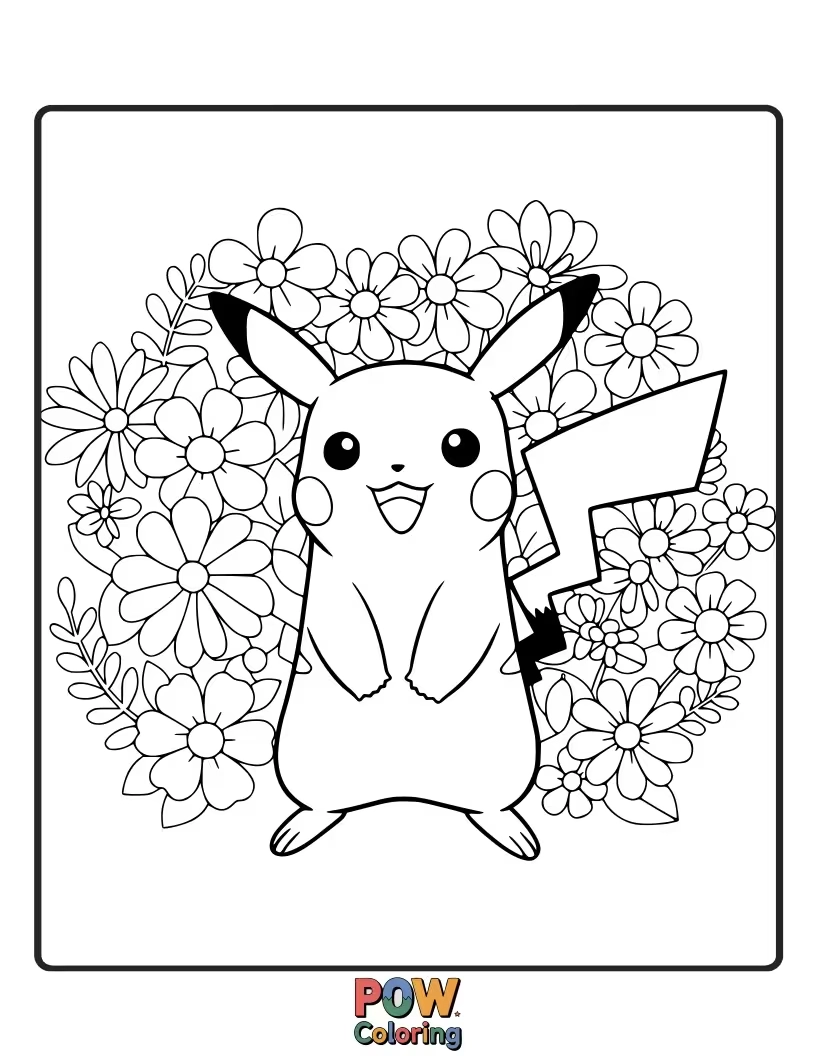 Free coloring page of Pikachu surrounded by a field of blooming flowers.