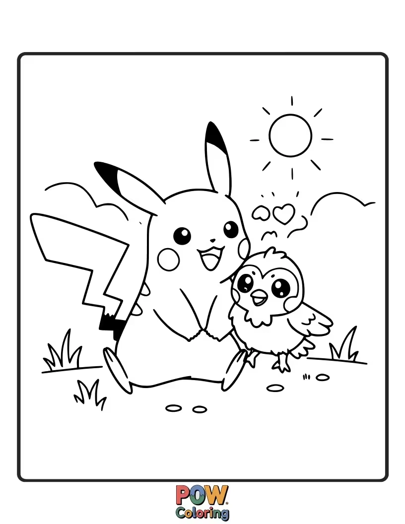 Free coloring page of Pikachu happily interacting with another Pokémon (e.g., Eevee).