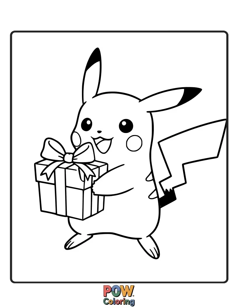 Free coloring page of Pikachu holding a brightly wrapped present.