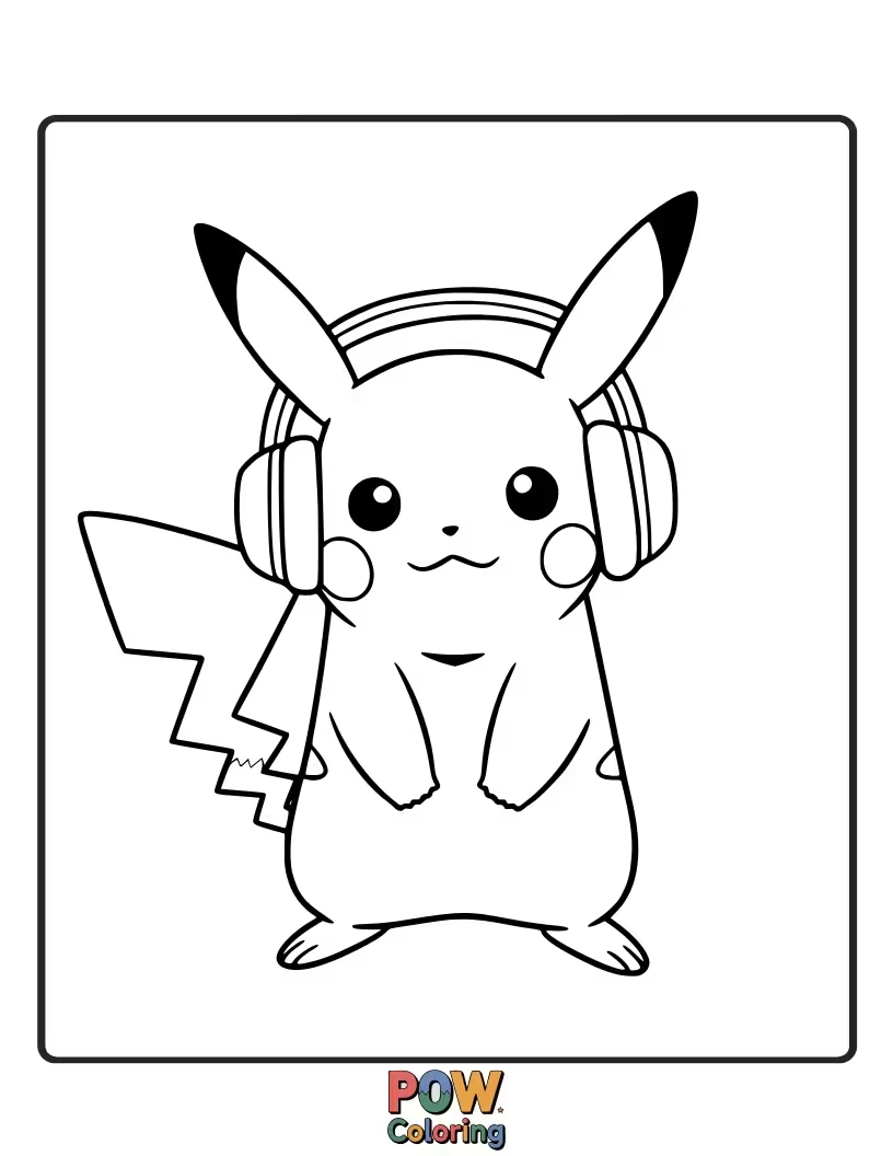 Free coloring page of Pikachu listening to music with large headphones on.